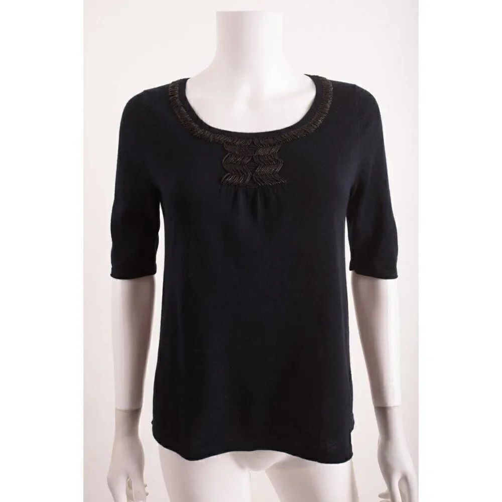 J. Crew Womens Sweater Top Shirt Size S Merino Wool Beaded Trim Navy Blue